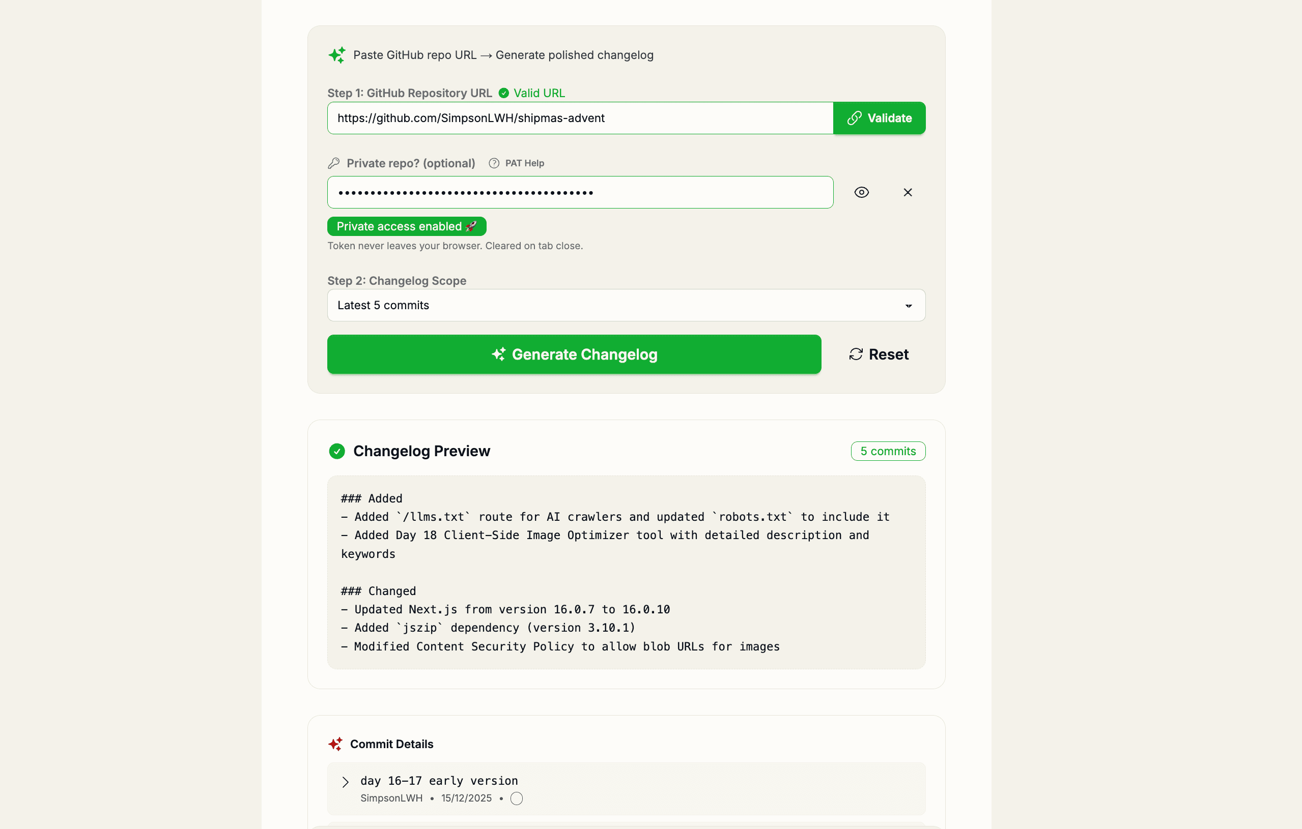 Day 17 Changelog Generator with private repo support and scope control