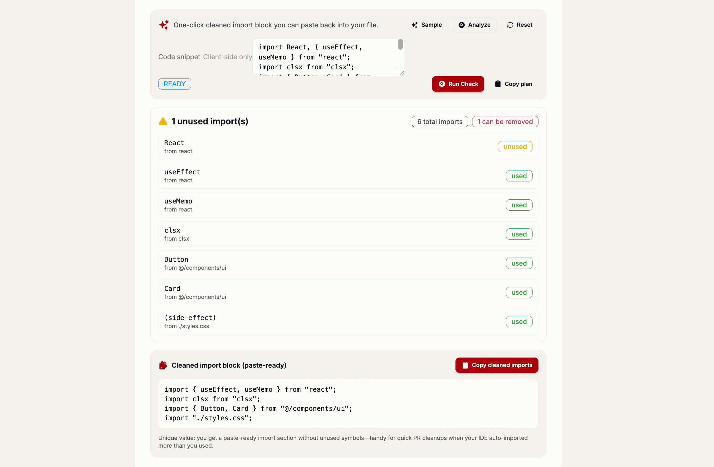 Import Checker showing cleaned import block output and copy button