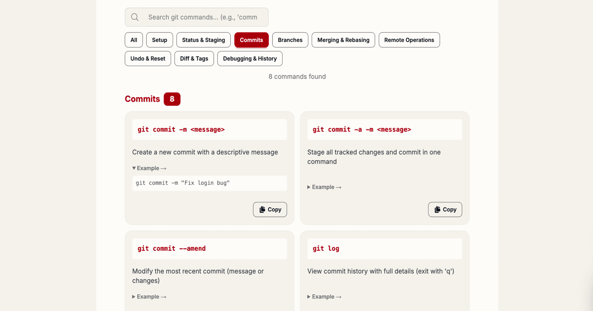 Git Cheat Sheet displaying organized git commands with search and copy functionality
