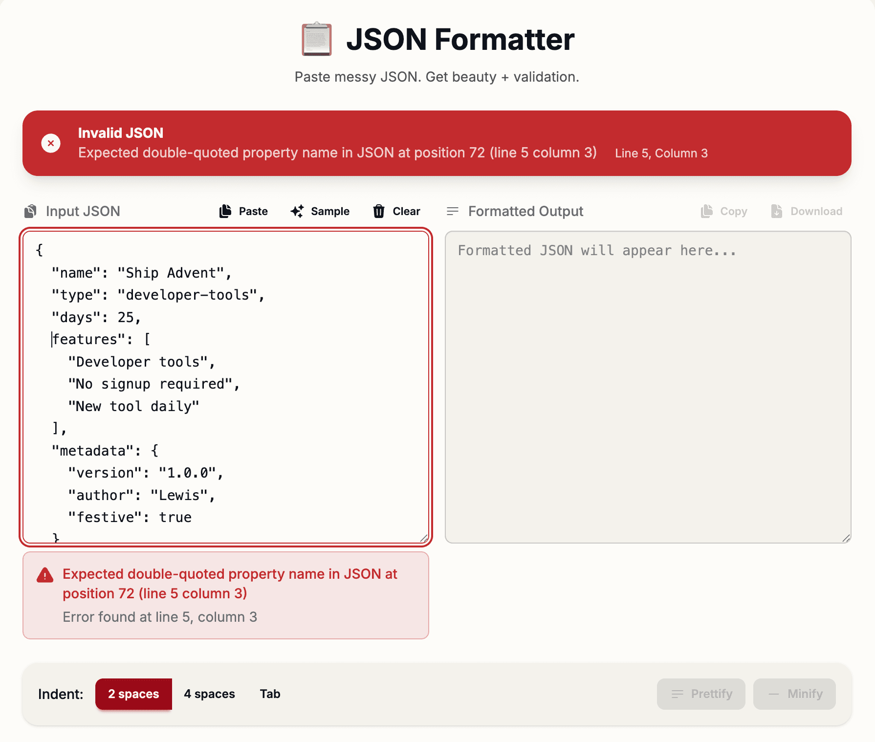 Ship Advent JSON Formatter showing beautified JSON with syntax highlighting and validation