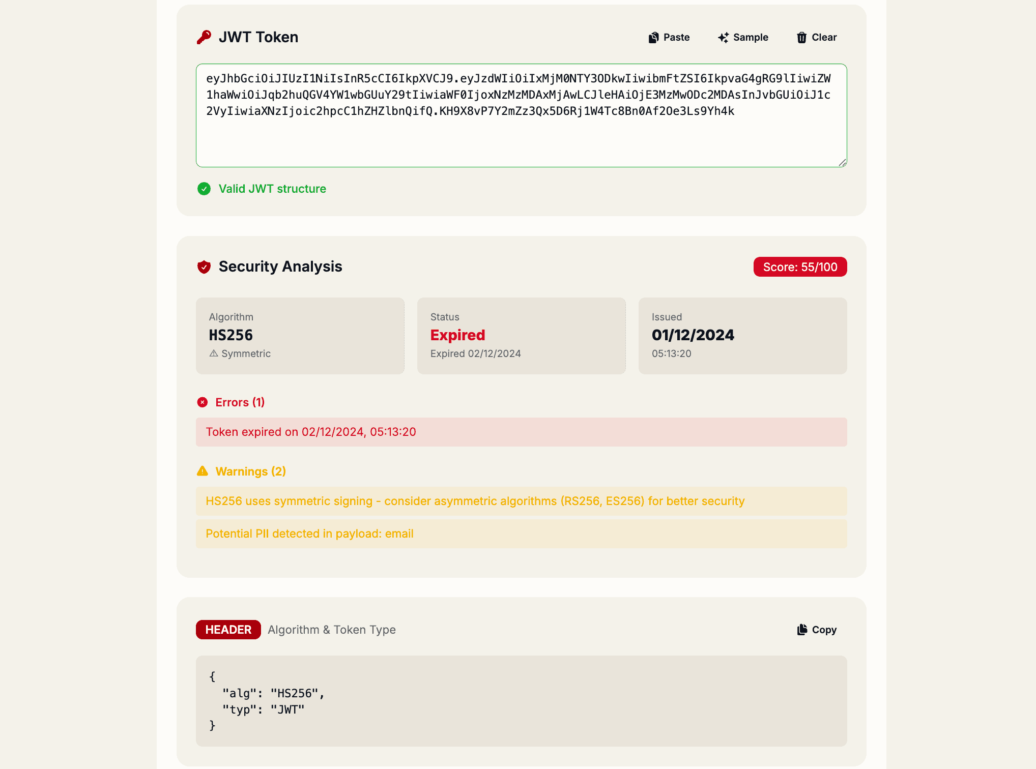 JWT decoder tool showing header, payload, and security warnings