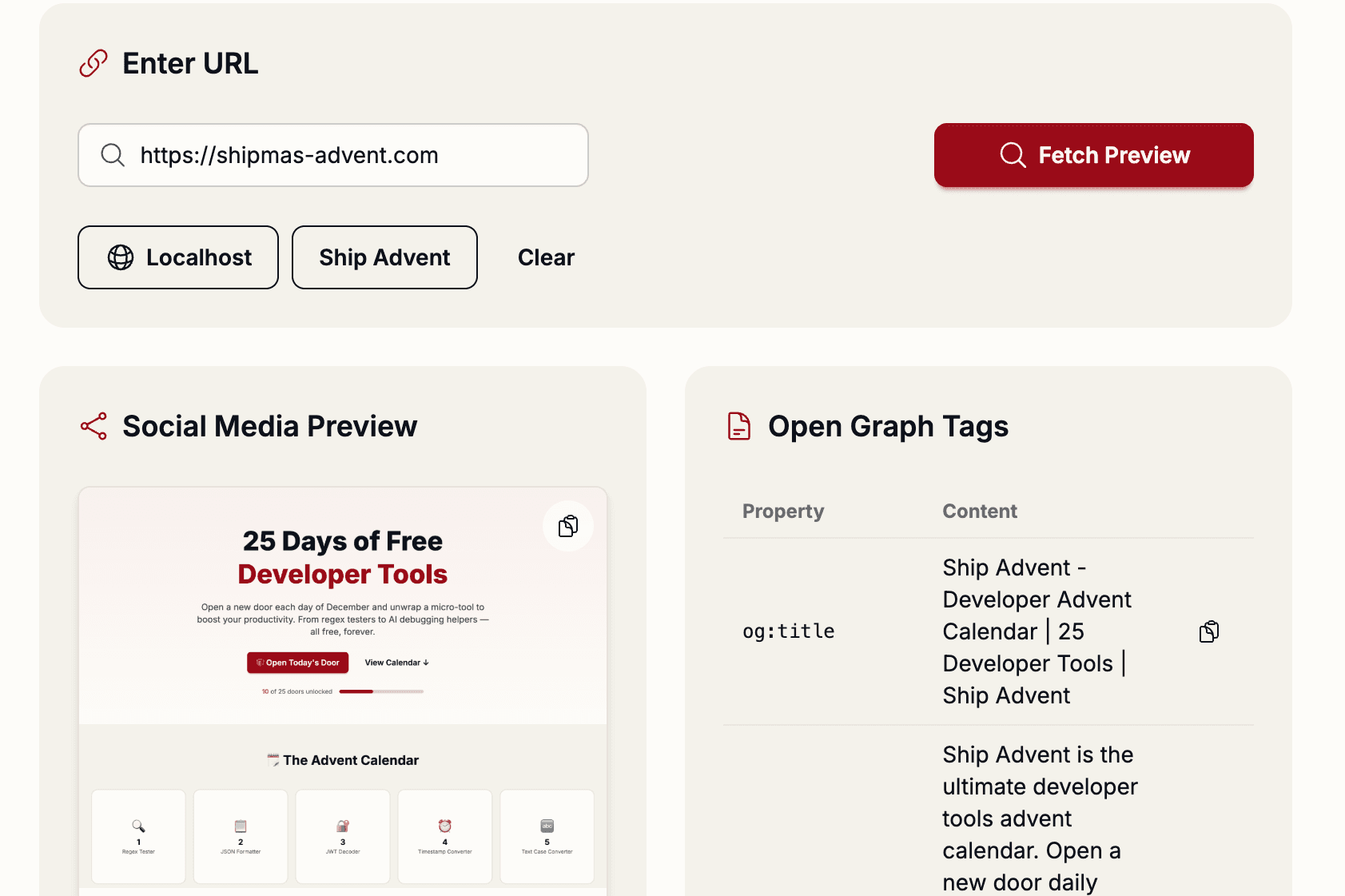 Open Graph Preview tool showing website link preview with meta tags from Ship Advent Day 11