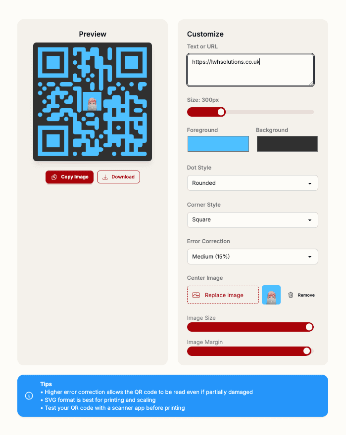 Customizable QR code generator preview from Ship Advent Day 8