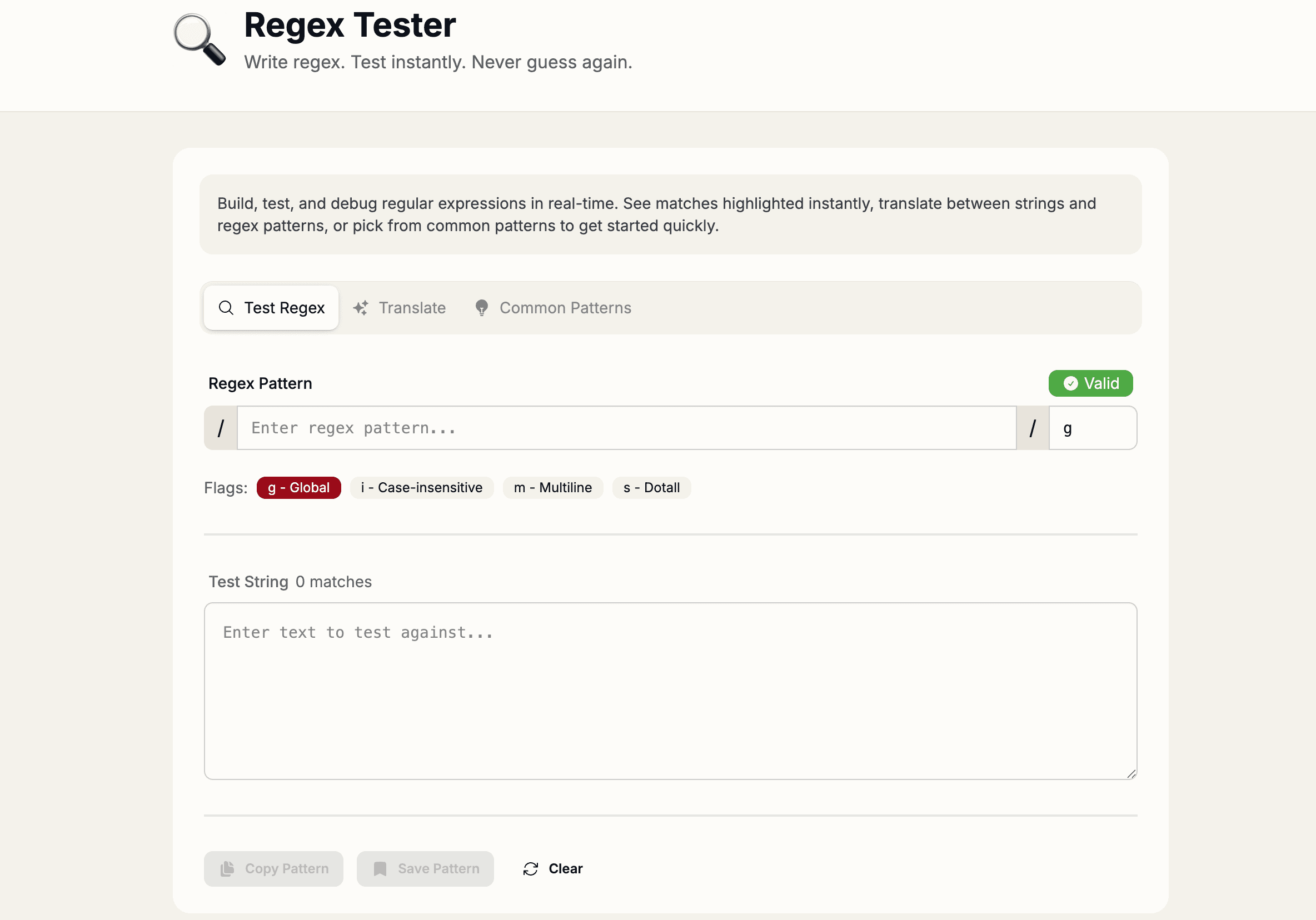 Ship Advent Regex Tester tool showing live pattern matching with highlighted results