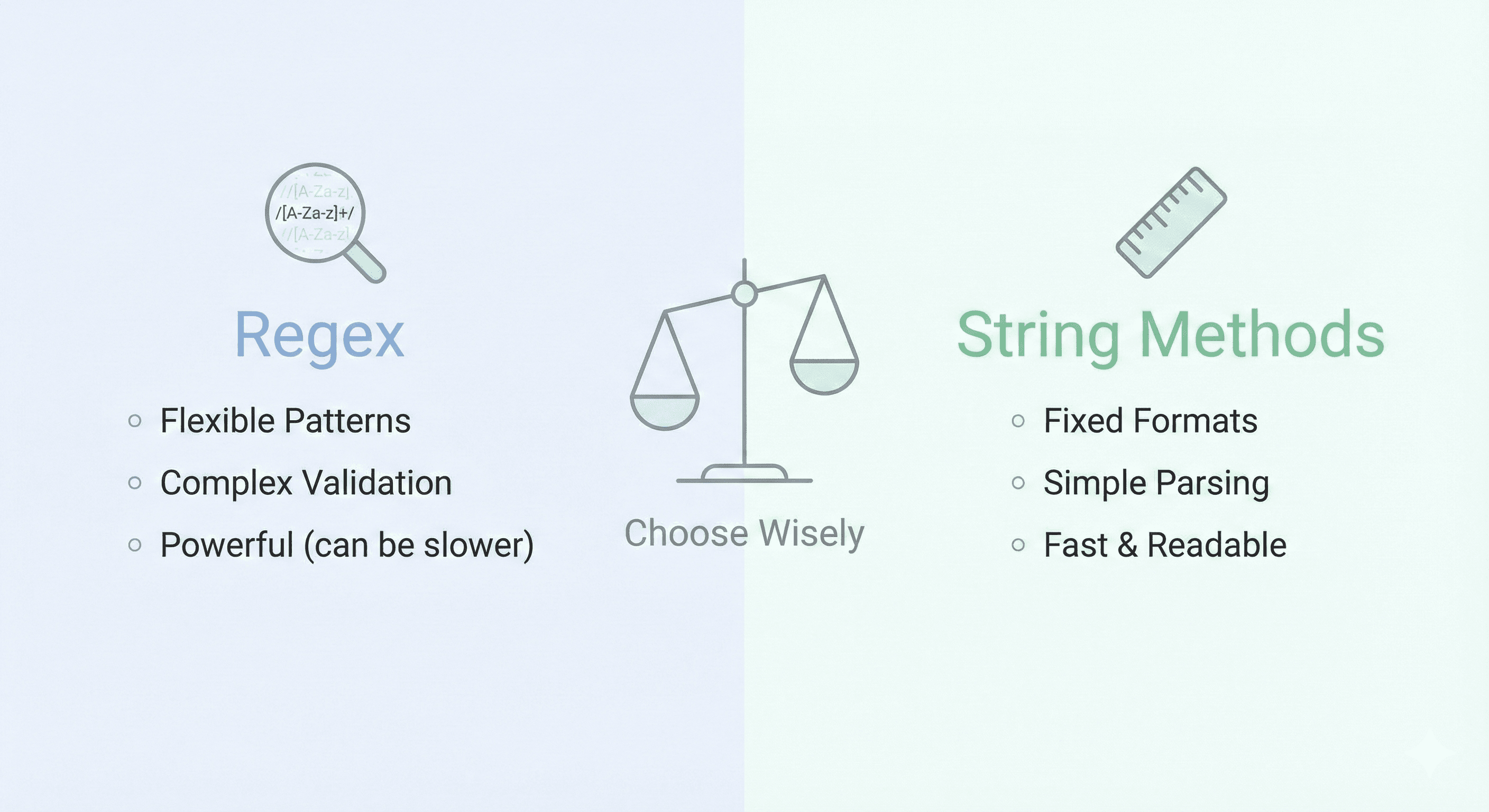 Comparison chart showing regex vs string methods with performance benchmarks