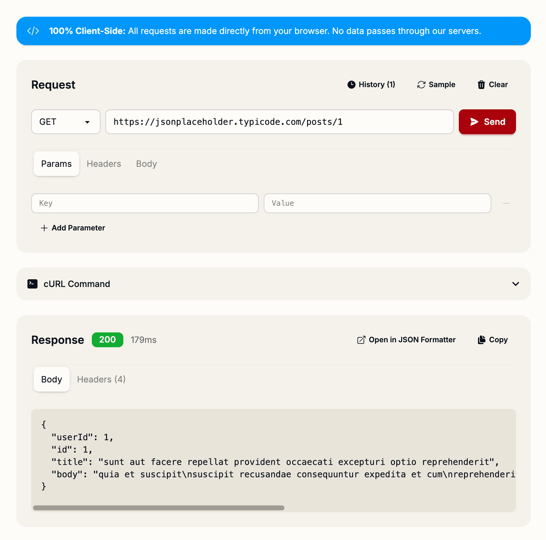 Request Tester interface showing API endpoint testing with headers and response visualization