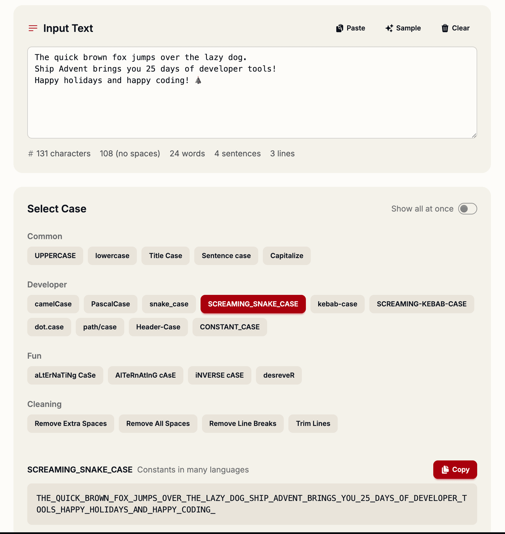 Text Case Converter tool showing multiple case format conversions
