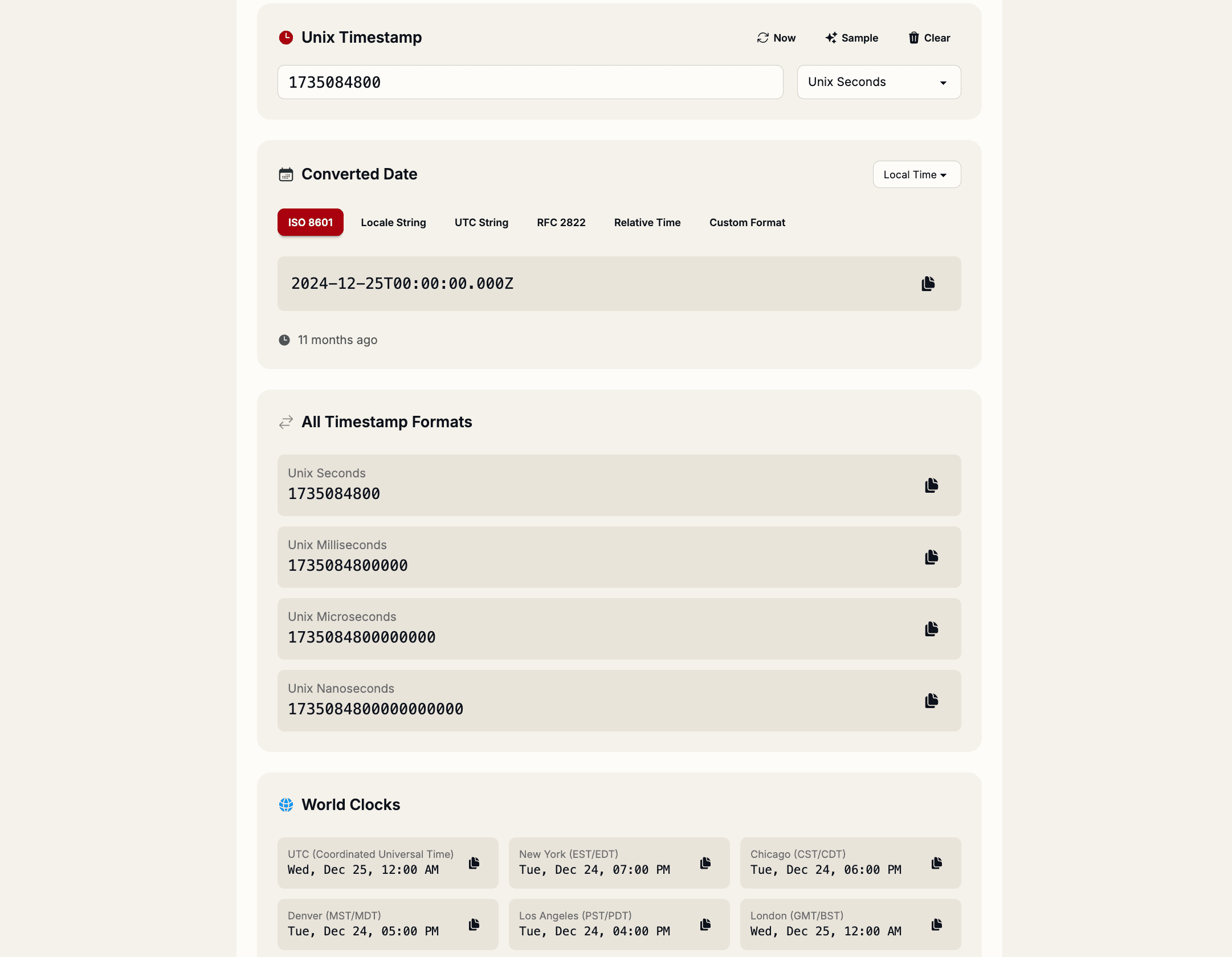 Timestamp converter showing Unix to ISO and relative time conversions