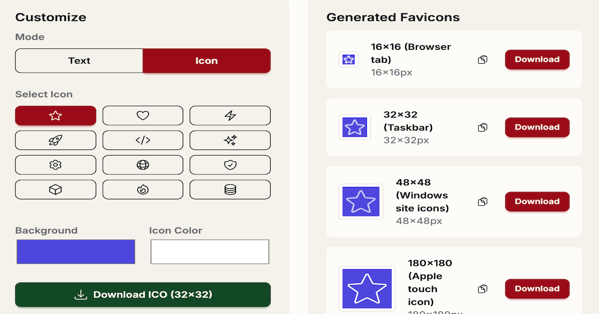 Favicon Generator tool showing logo upload and size preview grid from Ship Advent Day 10