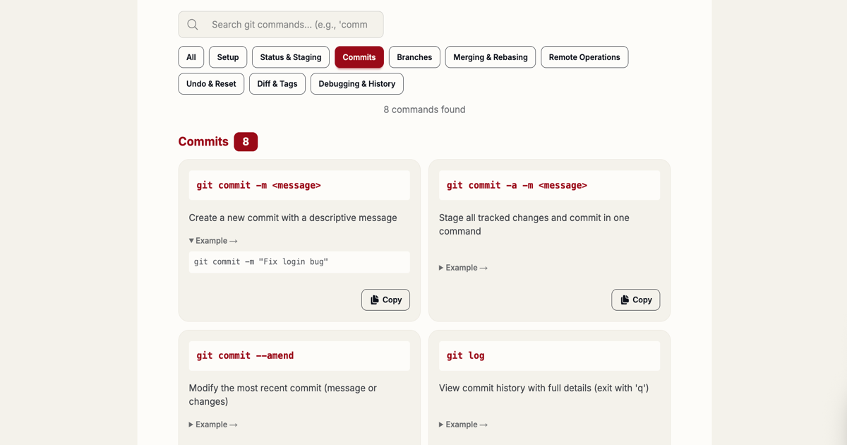 Git Cheat Sheet displaying organized git commands with search and copy functionality