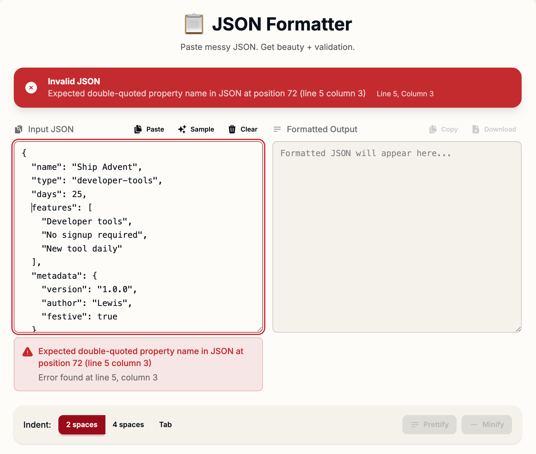 Ship Advent JSON Formatter showing beautified JSON with syntax highlighting and validation