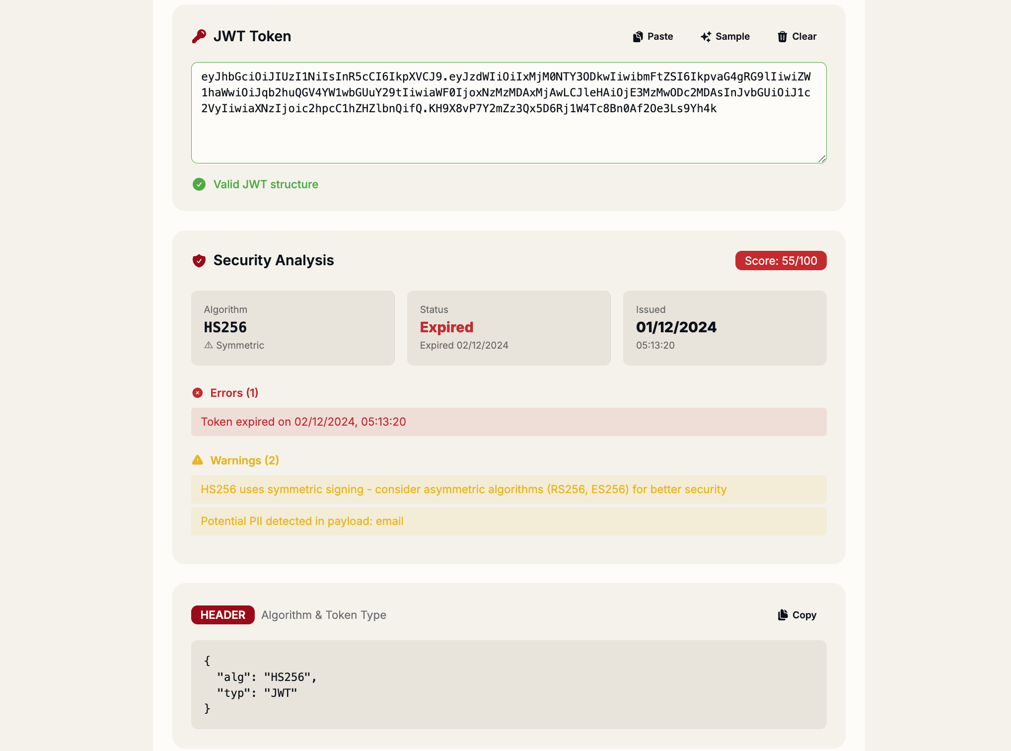 JWT decoder tool showing header, payload, and security warnings