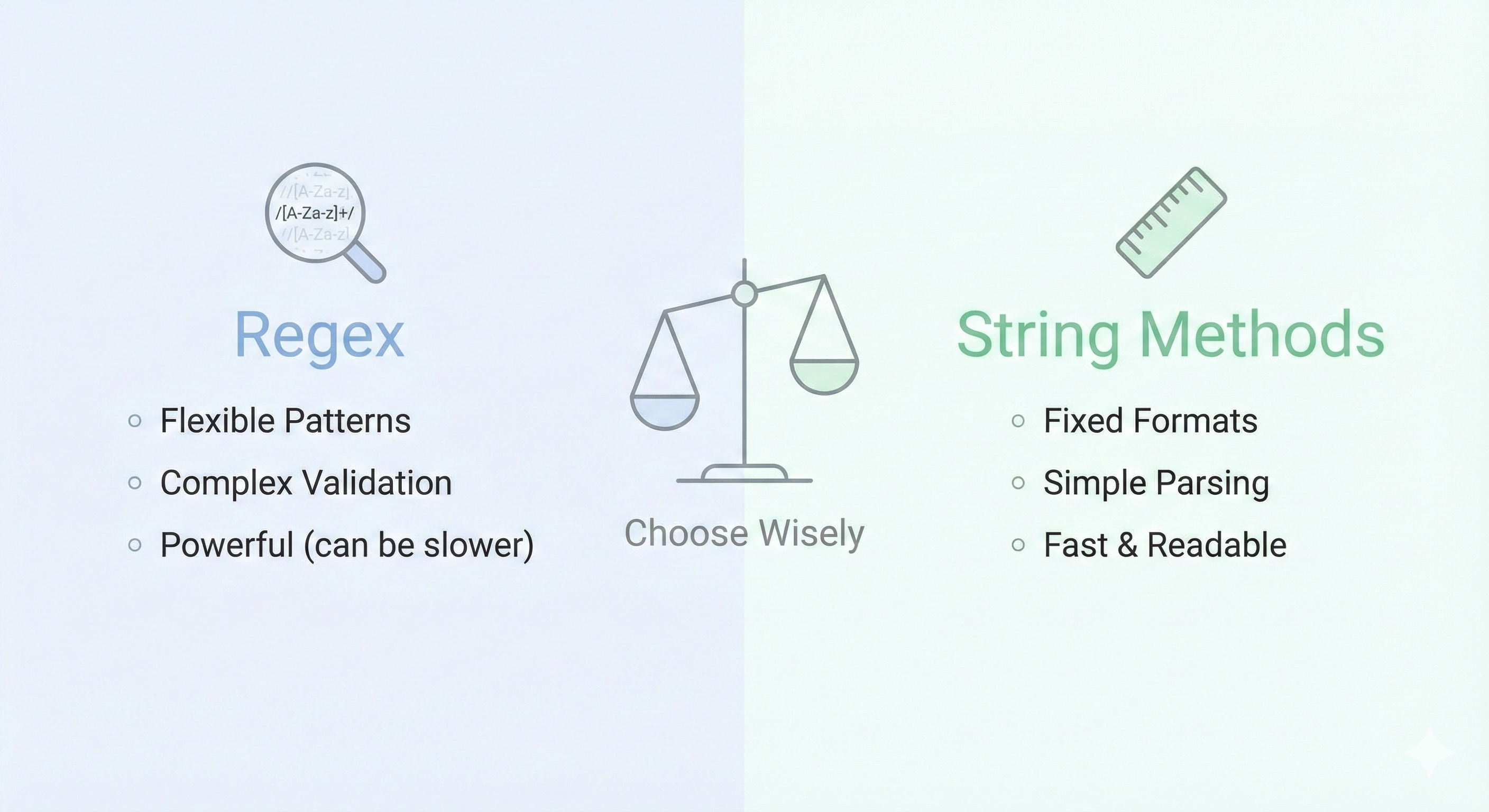 Comparison chart showing regex vs string methods with performance benchmarks