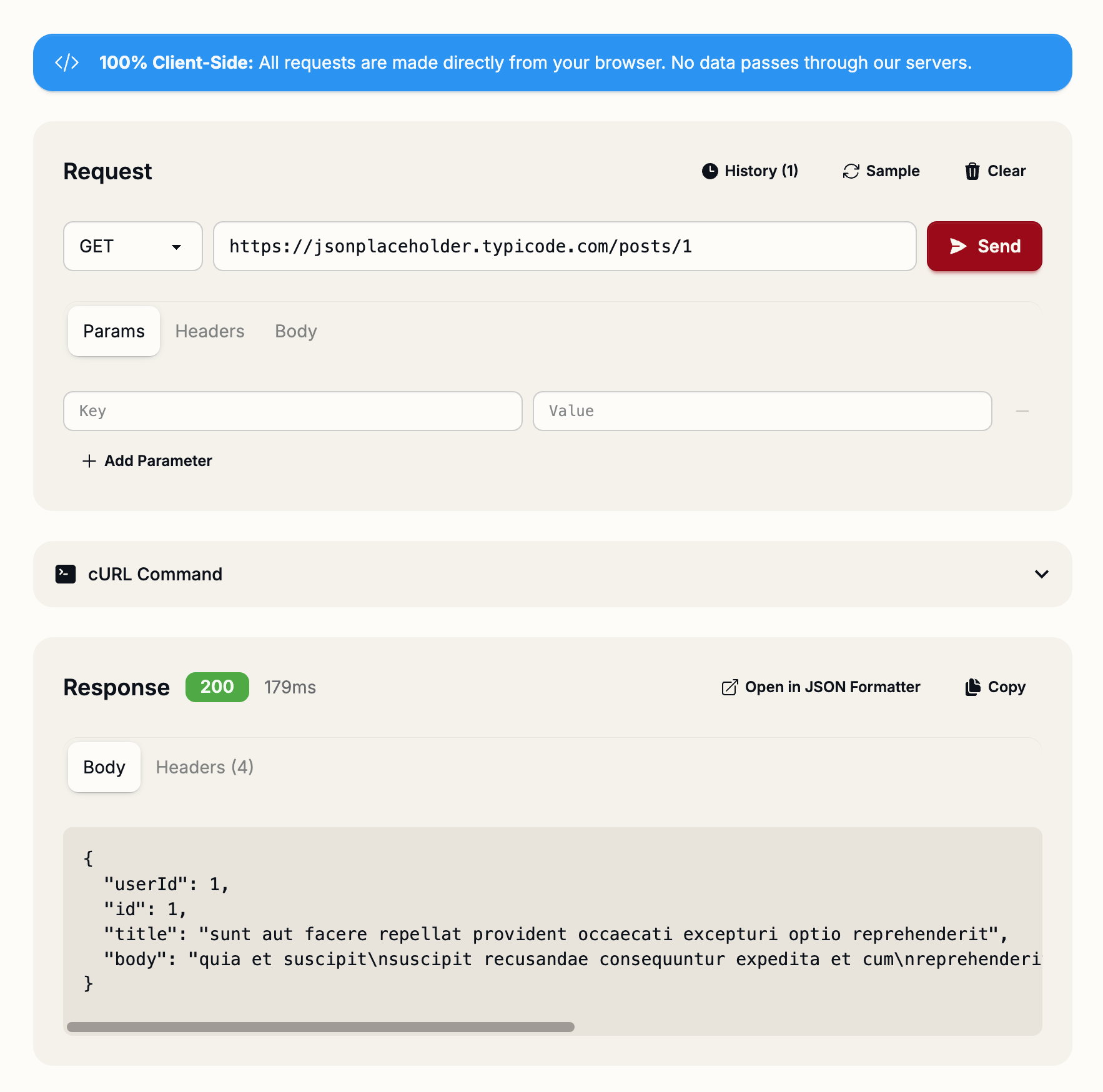 Request Tester interface showing API endpoint testing with headers and response visualization