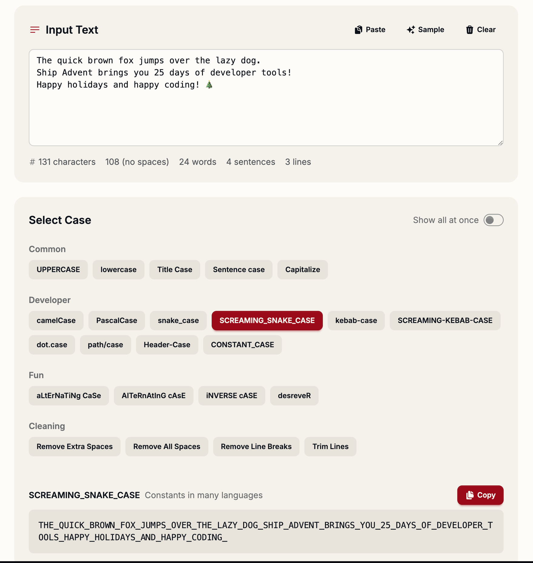 Text Case Converter tool showing multiple case format conversions